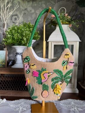 Green-Handle Beaded Tropical Bird Fruit Hobo Bag Purse